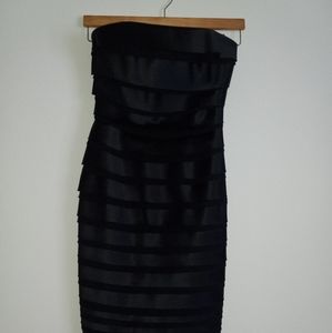 White House Black Market Strapless Tiered Satin Black Sheath Dress, Size 00